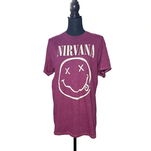 Nirvana Smiley Face Graphic Band T-shirt Size Medium NWOT Maroon Red Retro 90s - Picture 2 of 6